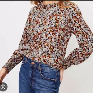 AnnTaylor LOFT Puffed Shoulder Floral Smocked Cuff Blouse Top Small